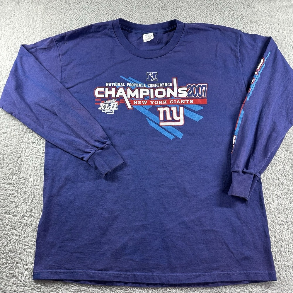 NY Giants NFL Shirt Mens Large Blue‎ 2007 Champions Long Sleeve Hit Super Bowl